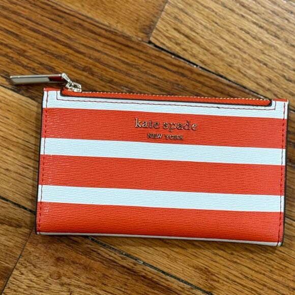 Kate Spade Small Slim Bifold Wallet Spencer Stripe Orange and White - Picture 2 of 6